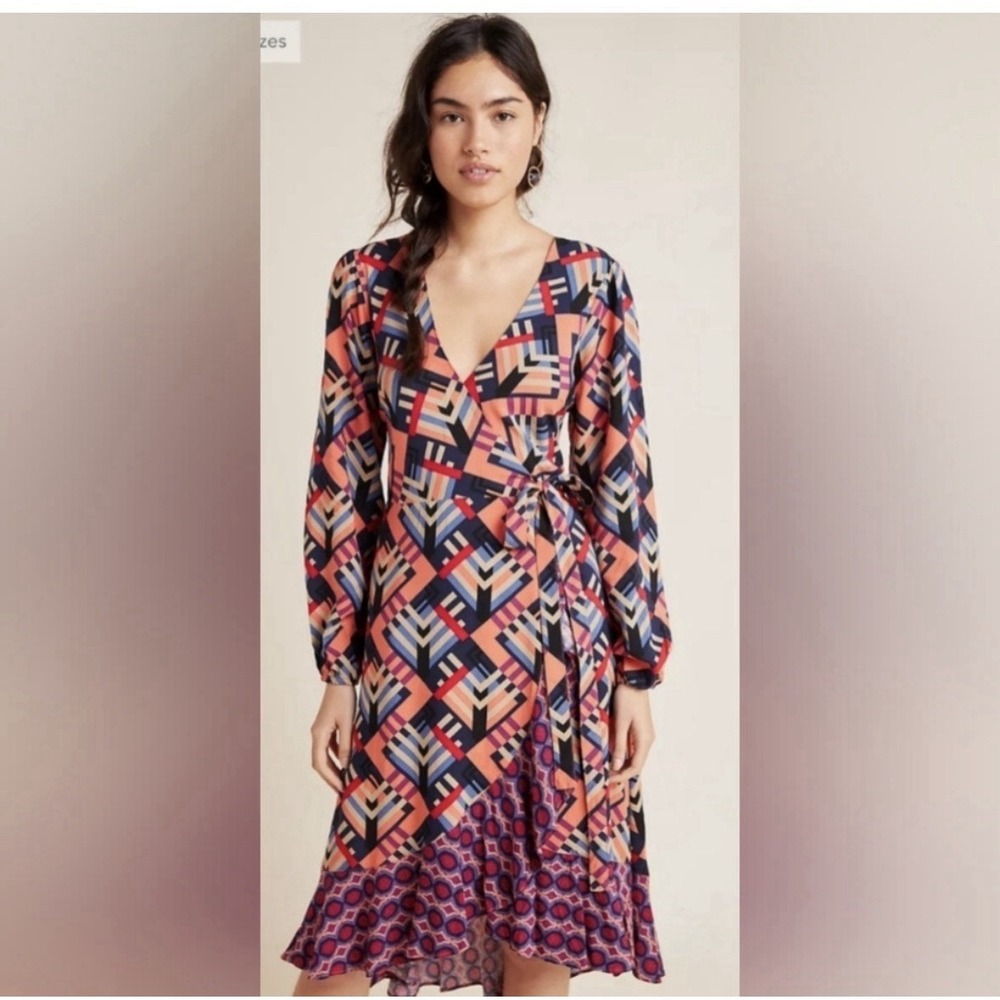Anthropologie x Porridge Amity Wrap Dress M Multicolor Geometric Floral Midi‎